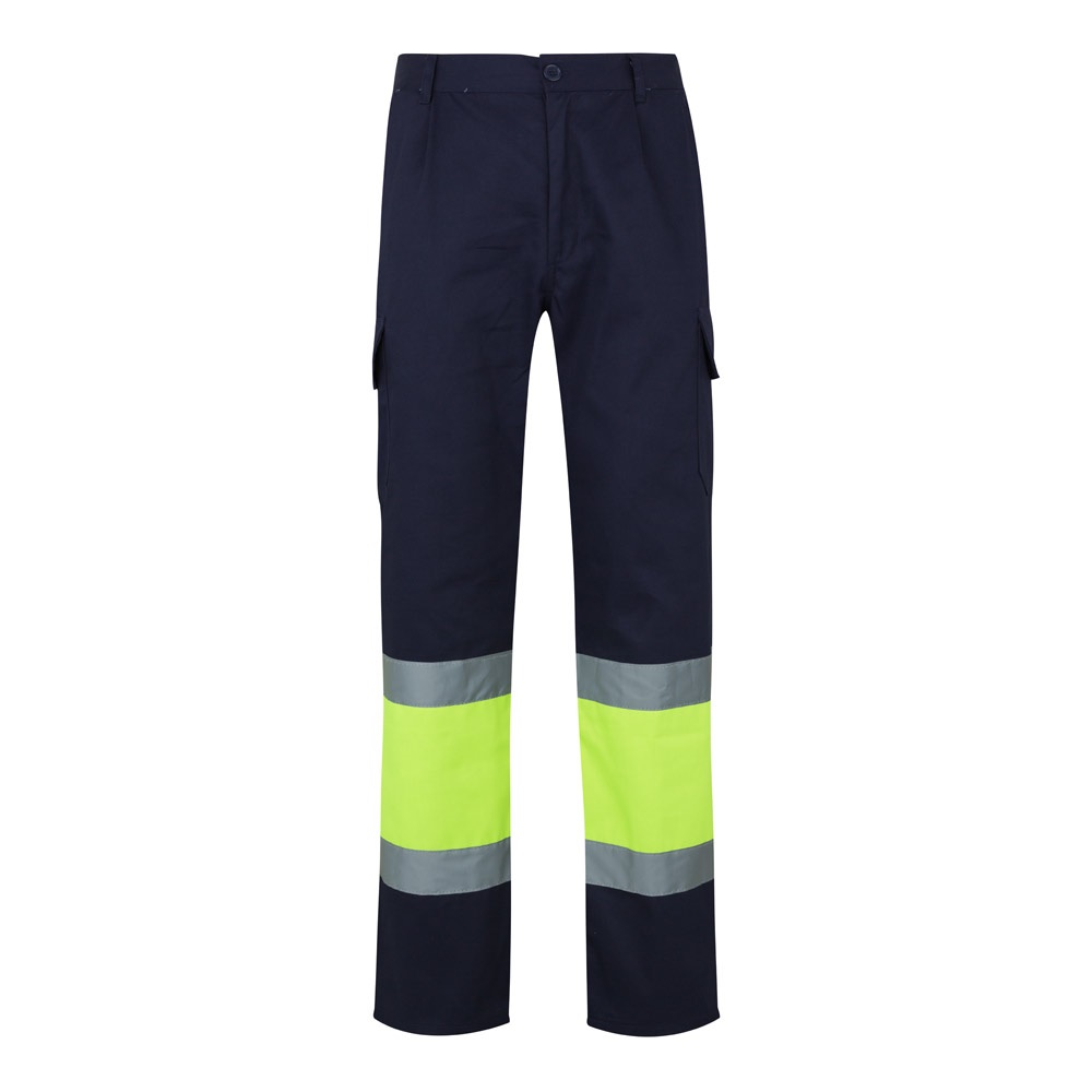 VL POSEIDON LARGE. Tweekleurige keperstof broek met meerdere zakken (210g/m²), van katoen (20%) en polyester - Marineblauw, Geel