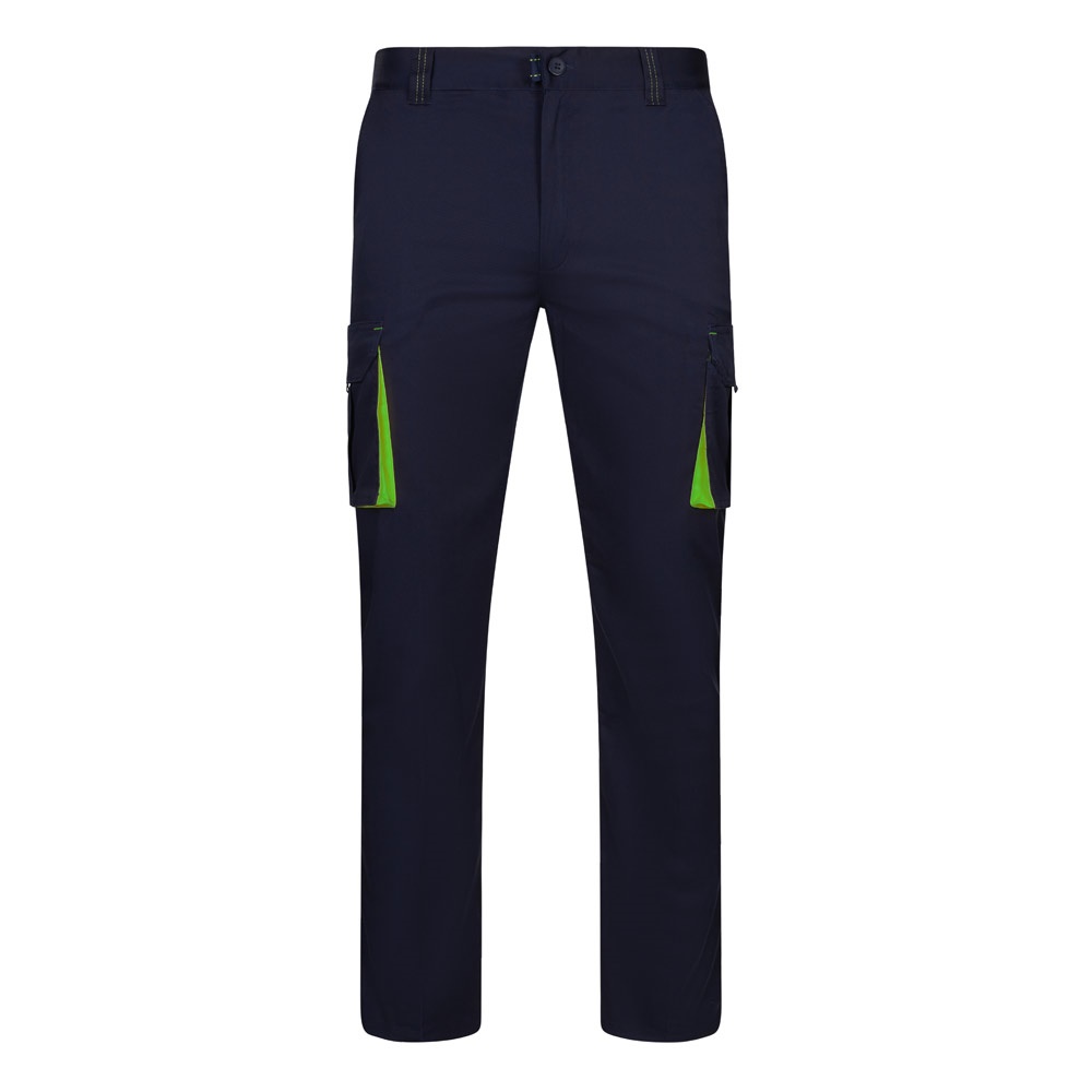 VL FIDES. Tweekleurige stretchbroek met meerdere zakken (240g/m²) van katoen (46%), EME (38%) en polyester - Marineblauw, Groen