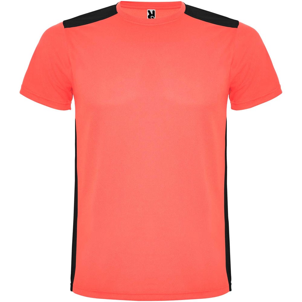 Detroit unisex sportshirt met korte mouwen - voor bedrijven en relatiegeschenken - Fluorkoraal, Zwart