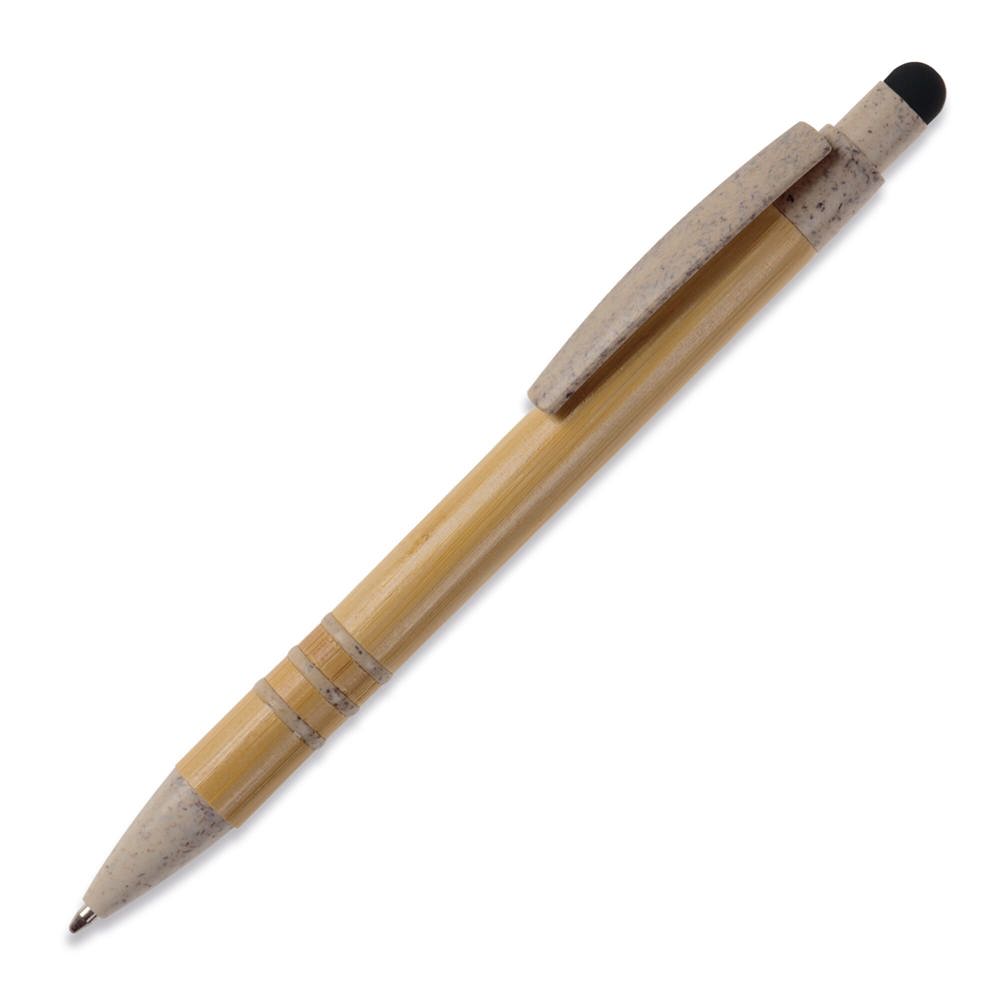 Balpen bamboe en tarwestro met stylus - met logo of onbedrukt bestellen - Beige / Zwart