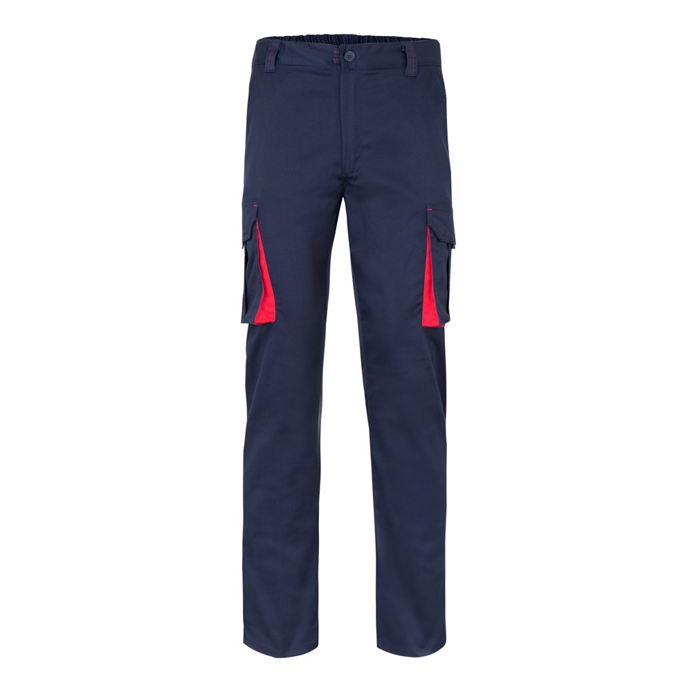 VL FIDES. Tweekleurige stretchbroek met meerdere zakken (240g/m²) van katoen (46%), EME (38%) en polyester - Marineblauw, Rood