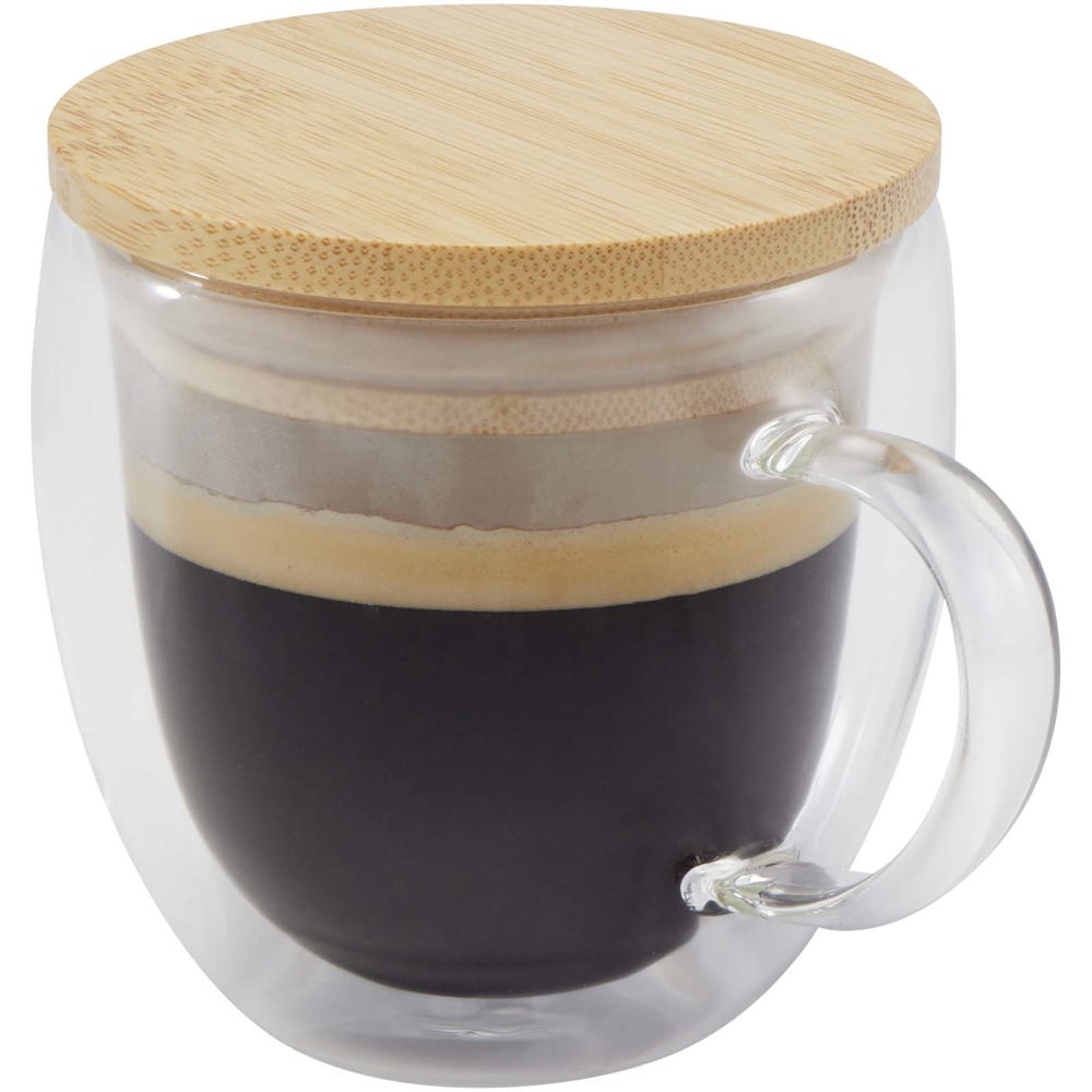 Arlo 250 ml glazen beker met bamboe deksel - bedrukt of onbedrukt verkrijgbaar