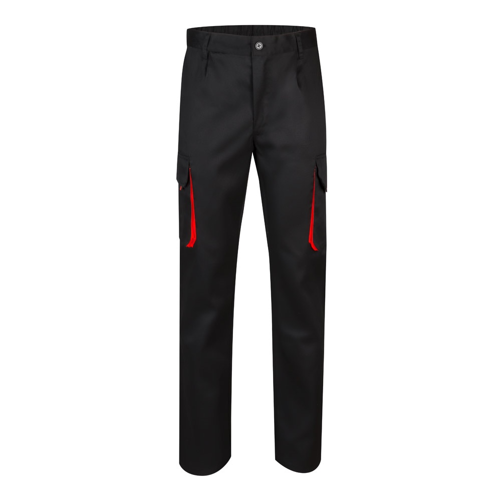 VL HYPNOS. Tweekleurige keperstof broek met meerdere zakken (200g/m²), van katoen (35%) en polyester (65%) - Zwart, Rood