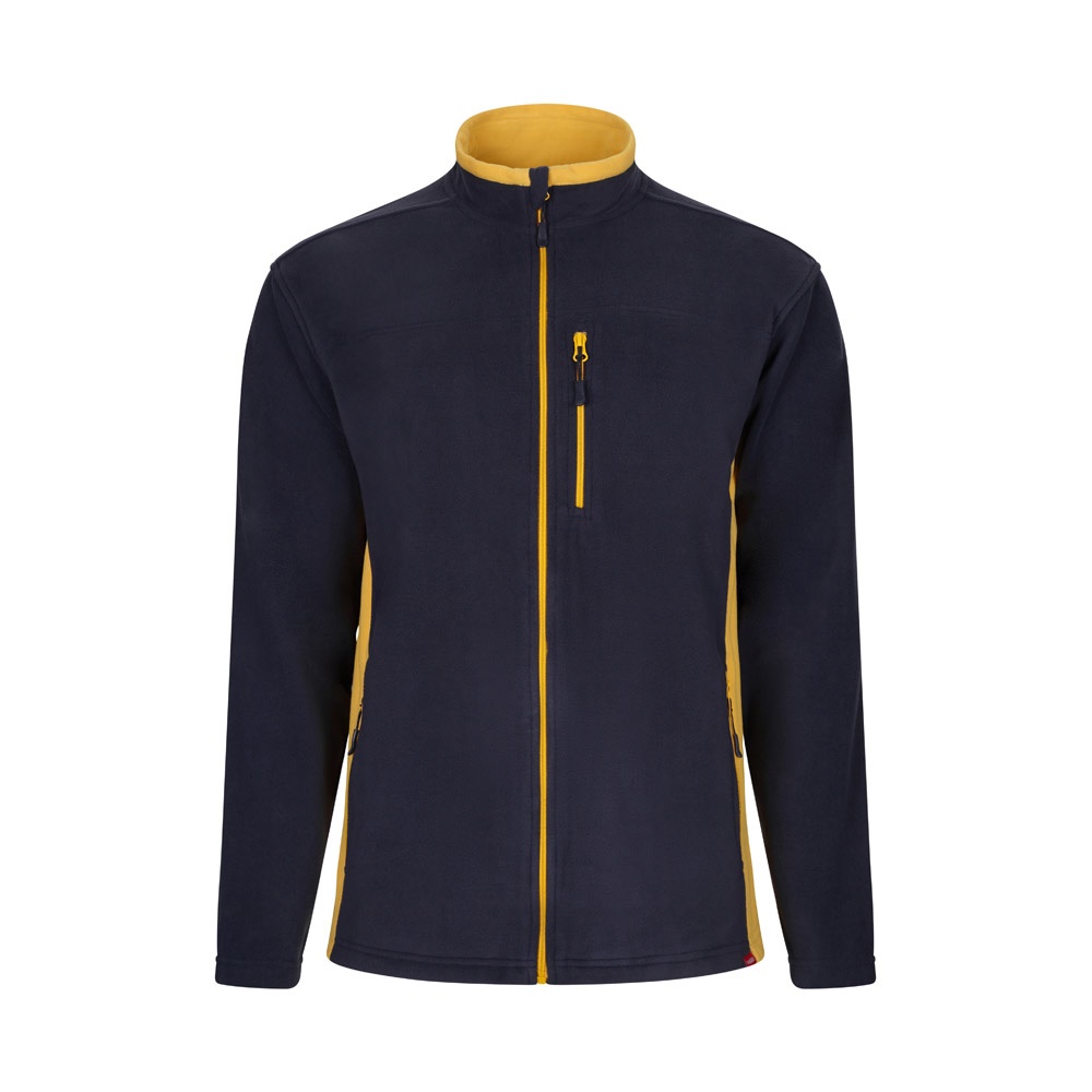 VL GERAS. Tweekleurig fleecejack (220g/m²) van polyester (100%) - bedrukt of onbedrukt verkrijgbaar - Marineblauw, Geel