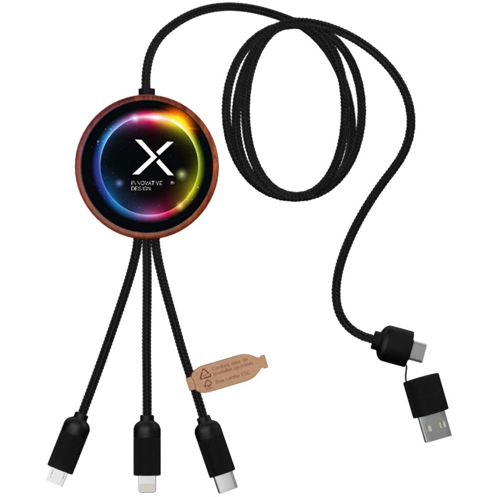 SCX.design C40 5-in-1 oplaadkabel van RPET met oplichtend logo en 10 W oplaadstation