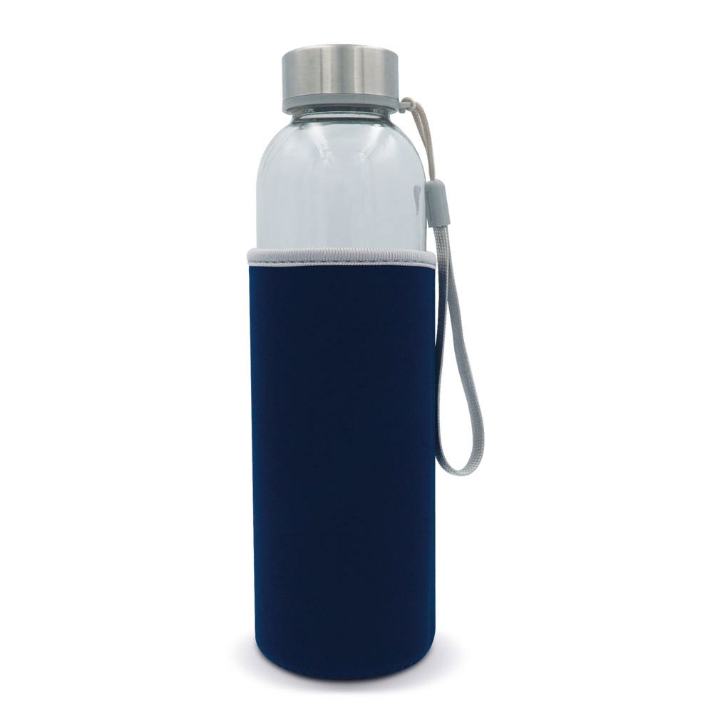 Waterfles glas met sleeve 500ml - bedrukt of onbedrukt verkrijgbaar - Transparant / Donkerblauw