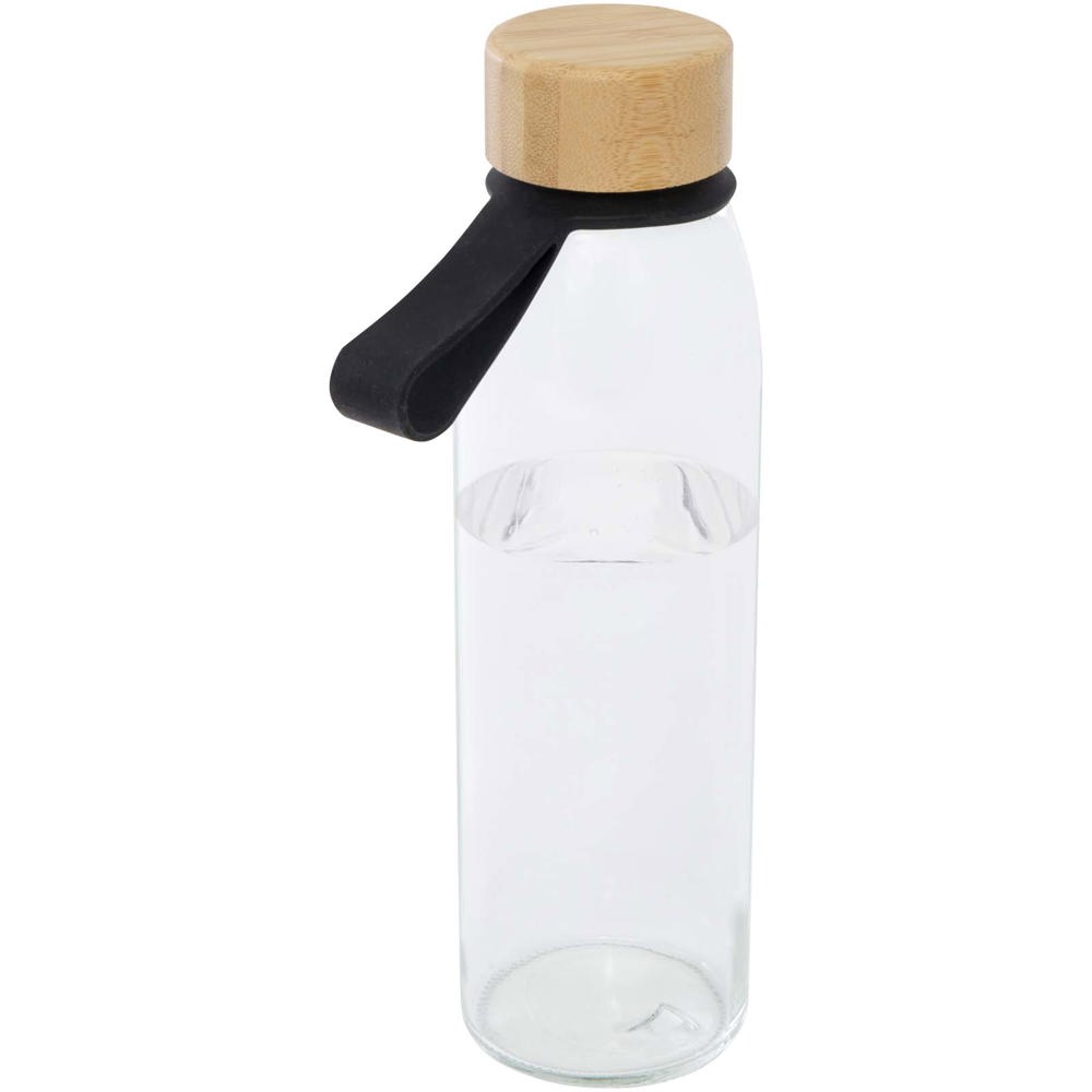 Porto 500 ml glazen waterfles met siliconen handgreep en bamboe deksel - met logo of onbedrukt bestellen - Zwart