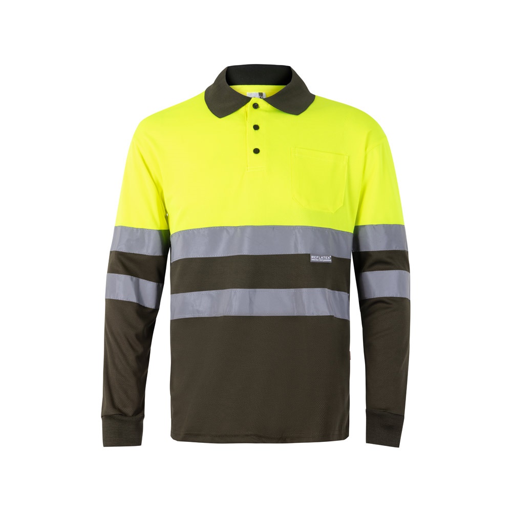 VL VULCAN. Tweekleurige vogelkleurige polo (160g/m²) met lange mouwen, van polyester (100%) - bedrukt of - Olijfgroen, Geel
