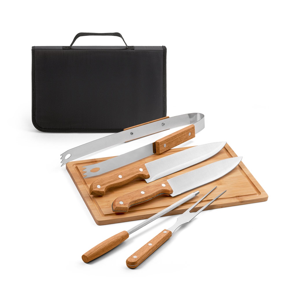 FLARE. 5-delige barbecue tool set van hout en vroestvrij staal. De plank is van bamboe - kopen of bedrukken