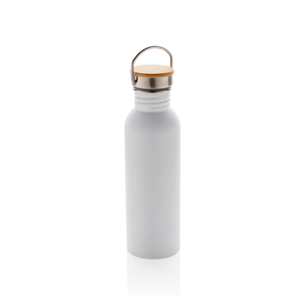 Moderne roestvrijstalen fles met bamboe deksel - bedrukt of onbedrukt verkrijgbaar - wit (± PMS White)