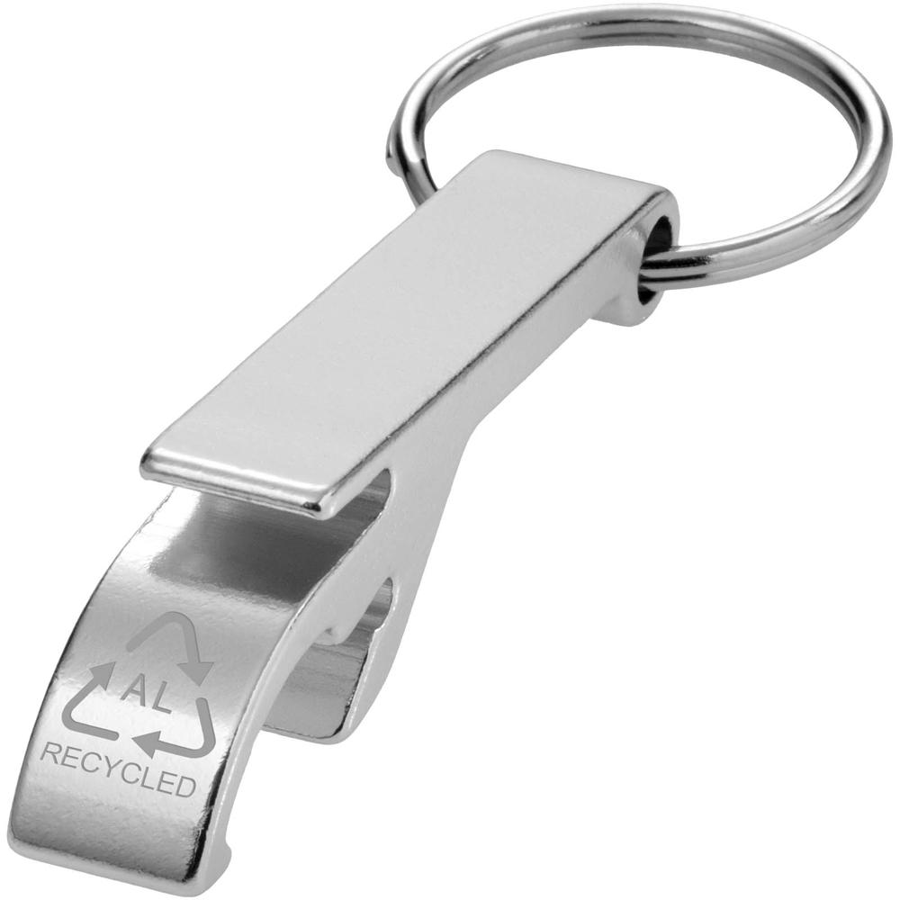 Tao fles- en blikopener van RCS gerecycled aluminium met sleutelhanger - met logo of onbedrukt bestellen - zilver