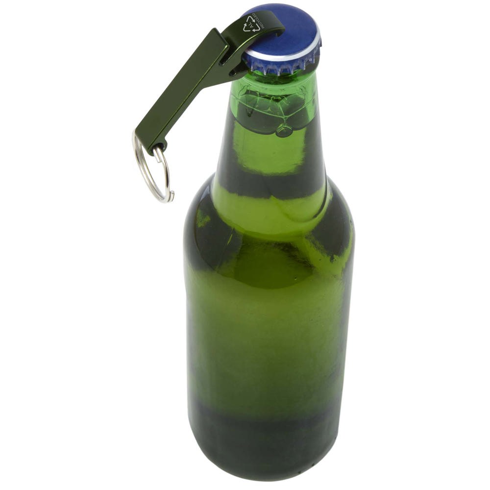 Tao fles- en blikopener van RCS gerecycled aluminium met sleutelhanger