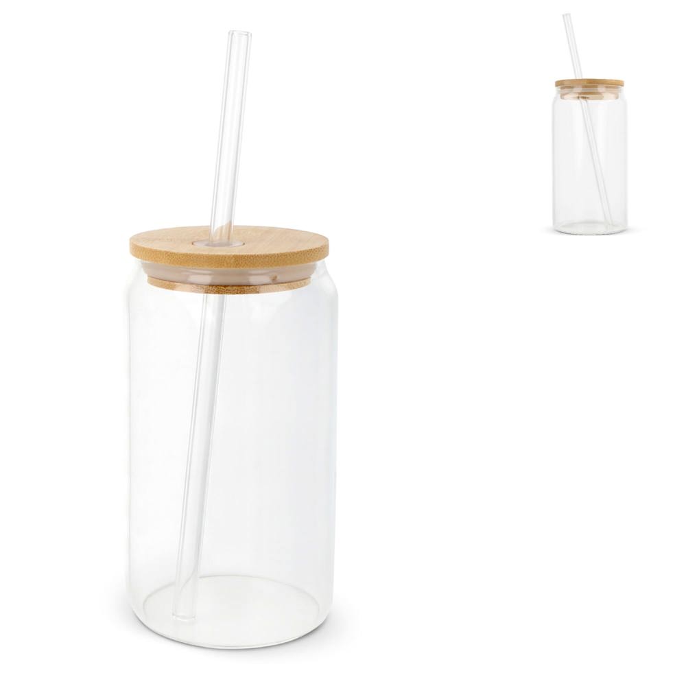 Glas met bamboe deksel & rietje 450 ml - bedrukt of onbedrukt verkrijgbaar