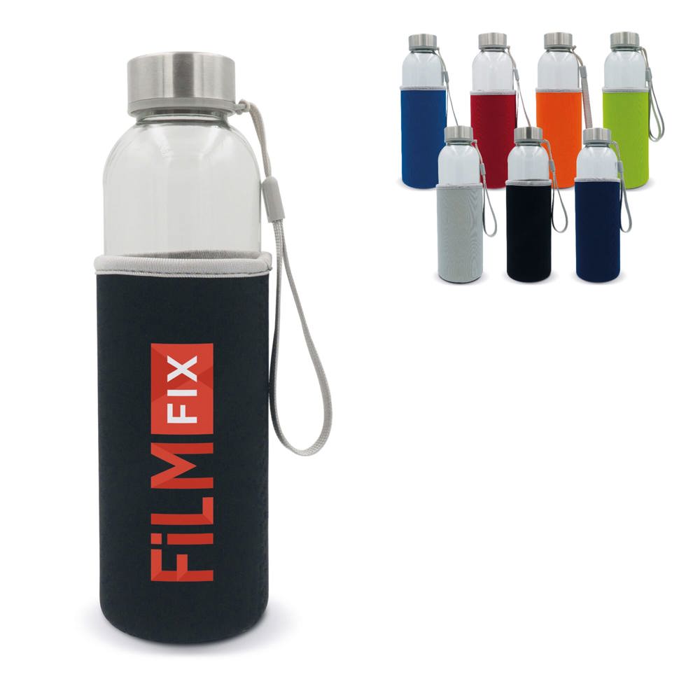 Waterfles glas met sleeve 500ml - bedrukt of onbedrukt verkrijgbaar
