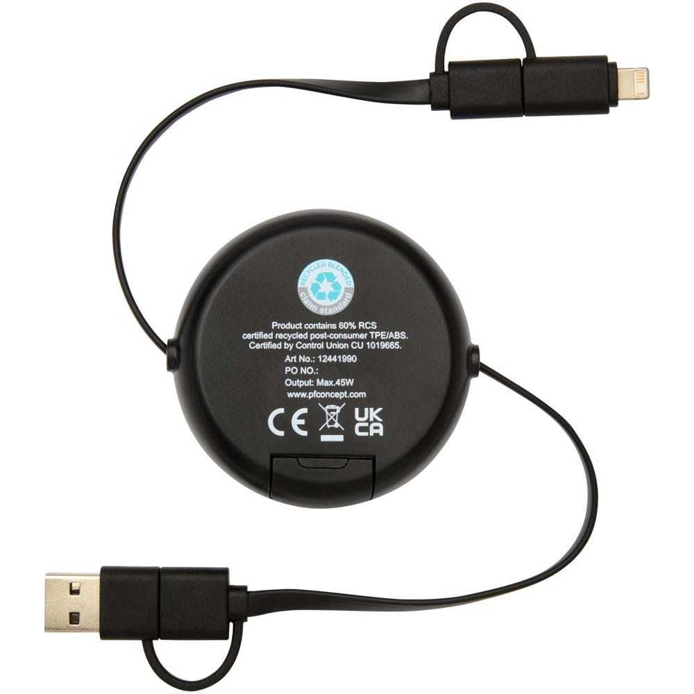 Chechia 5-in-1 100 cm intrekbare datasynchronisatie- en 45 W snellaadkabel van gerecycled plastic met bamboe details