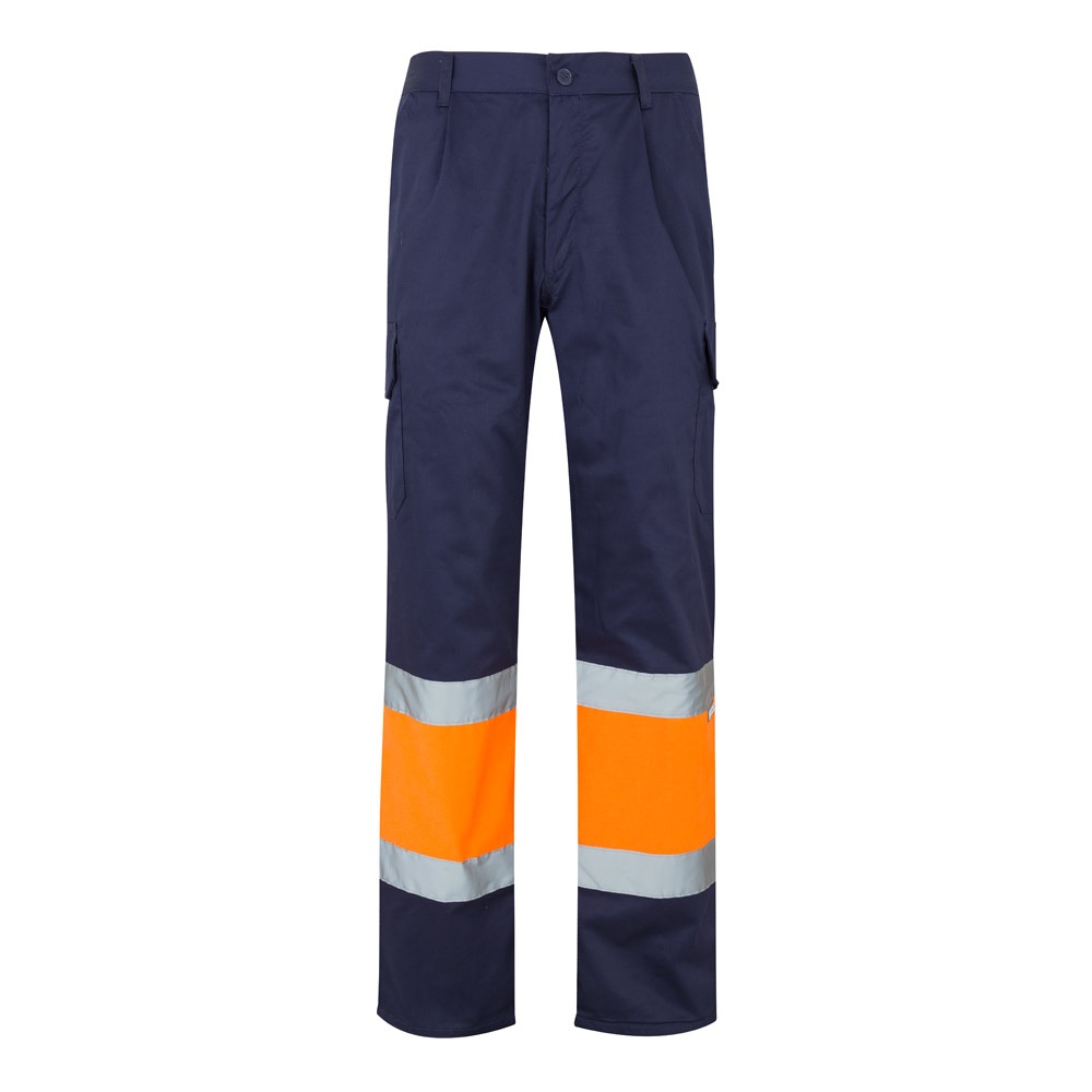 VL POSEIDON LARGE. Tweekleurige keperstof broek met meerdere zakken (210g/m²), van katoen (20%) en polyester - Marineblauw, Oranje