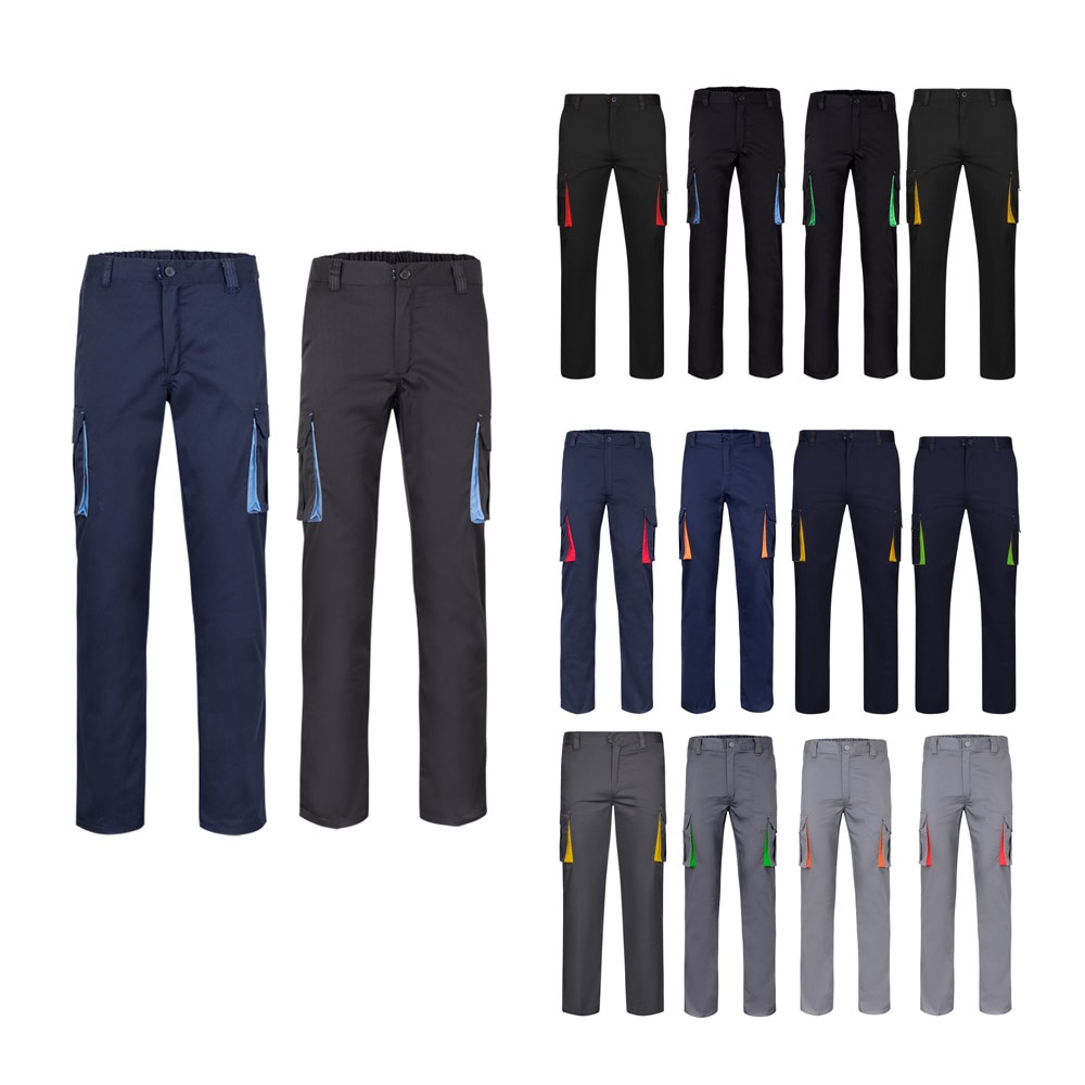 VL FIDES. Tweekleurige stretchbroek met meerdere zakken (240g/m²) van katoen (46%), EME (38%) en polyester
