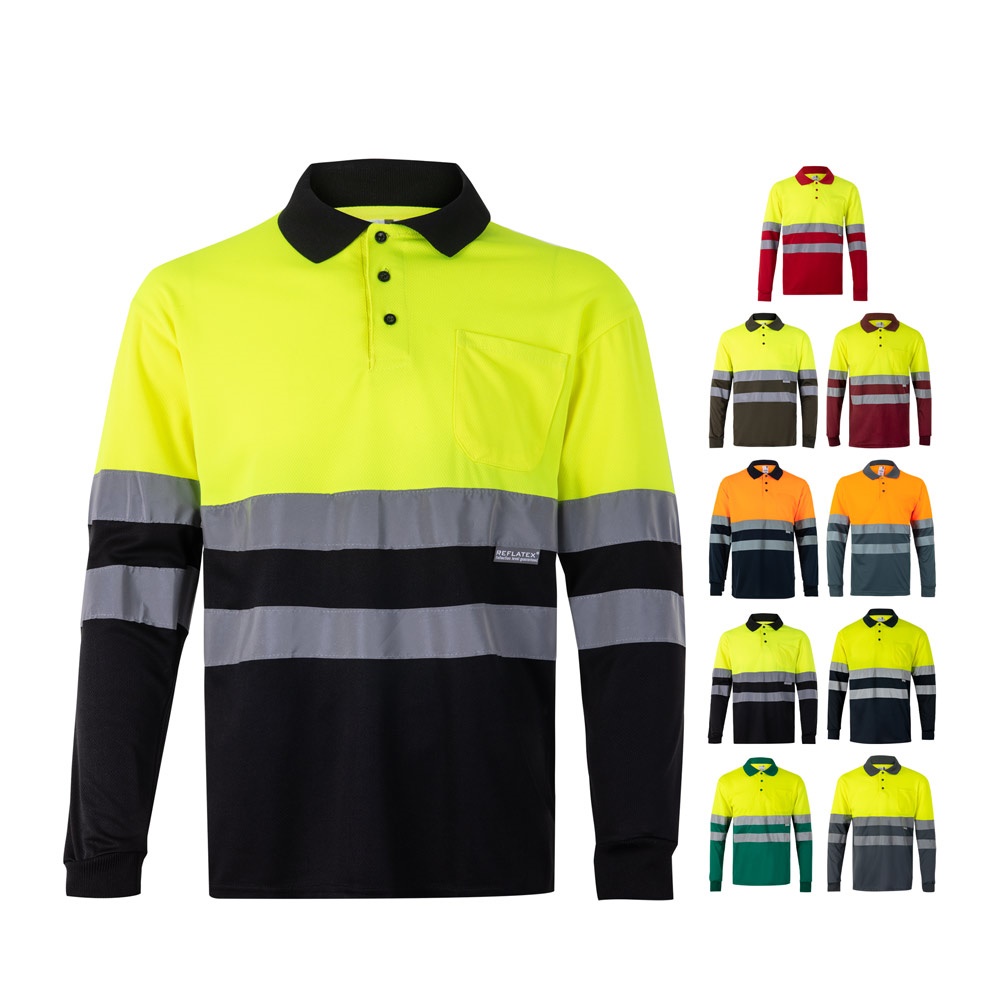 VL VULCAN. Tweekleurige vogelkleurige polo (160g/m²) met lange mouwen, van polyester (100%) - bedrukt of