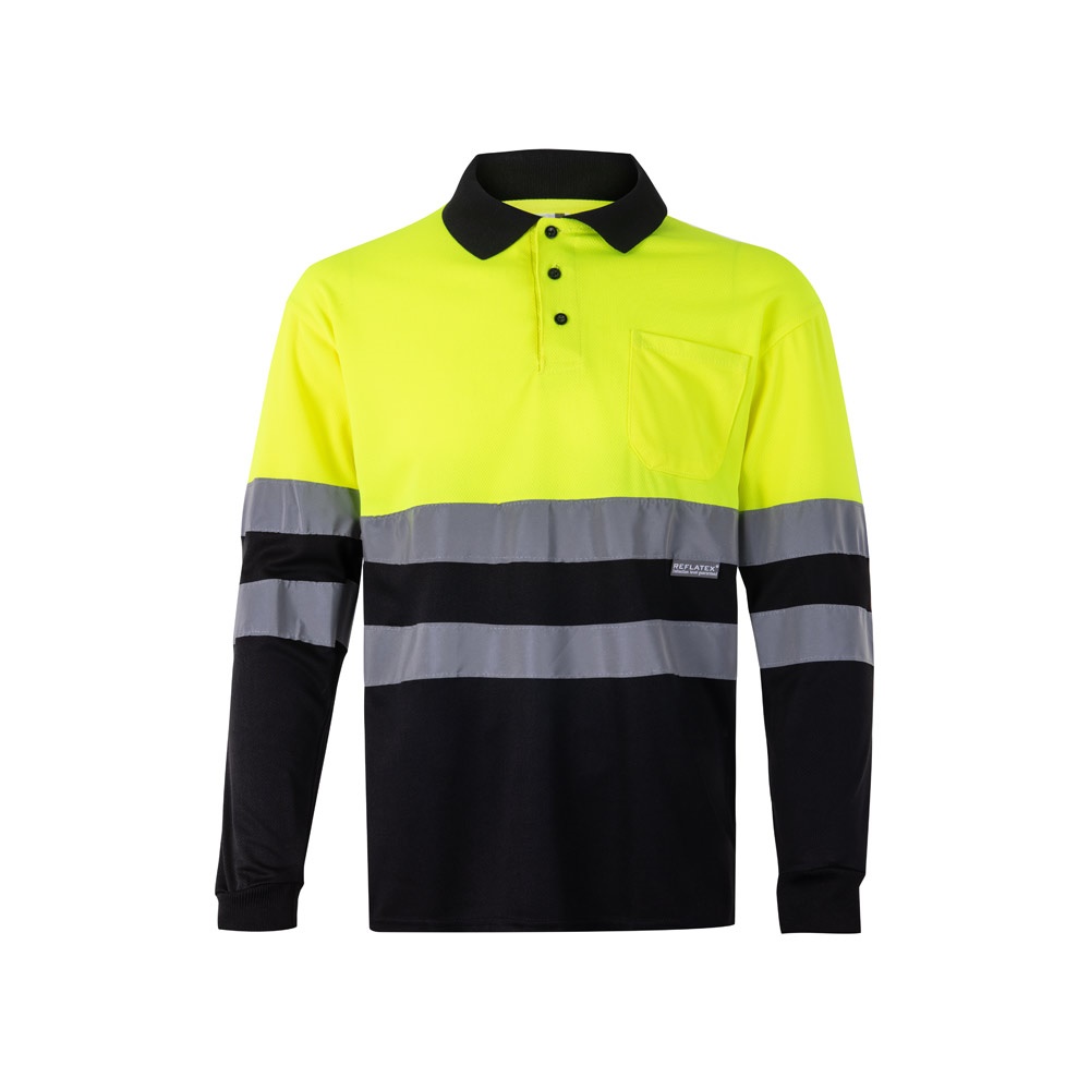 VL VULCAN. Tweekleurige vogelkleurige polo (160g/m²) met lange mouwen, van polyester (100%) - bedrukt of - Zwart, Geel
