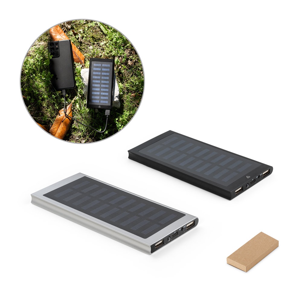 CLERK. 8'000 mAh powerbank met zonnepaneel van 100% gerecycled aluminium - bedrukt of onbedrukt verkrijgbaar