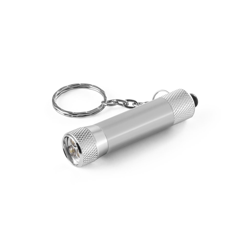 RE-LERGAN. Aluminium sleutelhanger (92% gerecycled) met LED-zaklamp met 3 lampjes - kopen of bedrukken - Satijn zilver