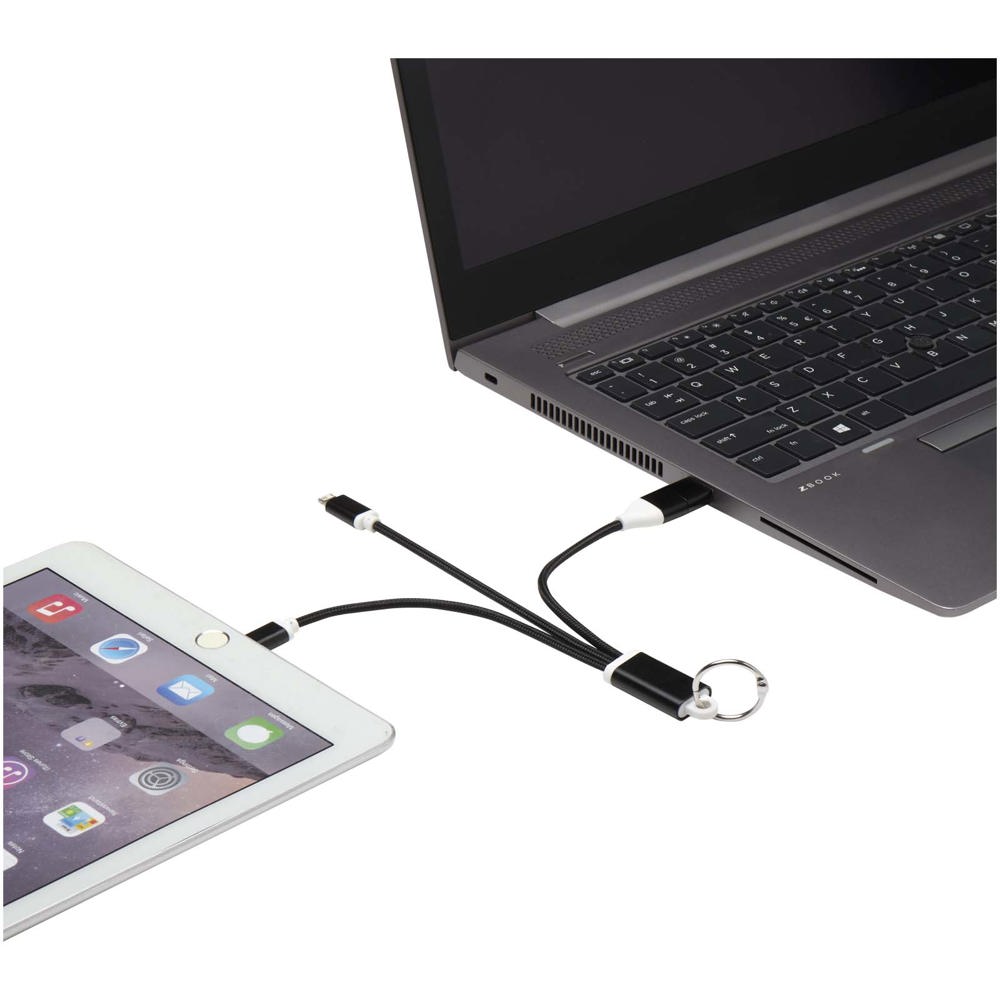 Metal 4-in-1 oplaadkabel van gerecycled aluminium met sleutelhanger