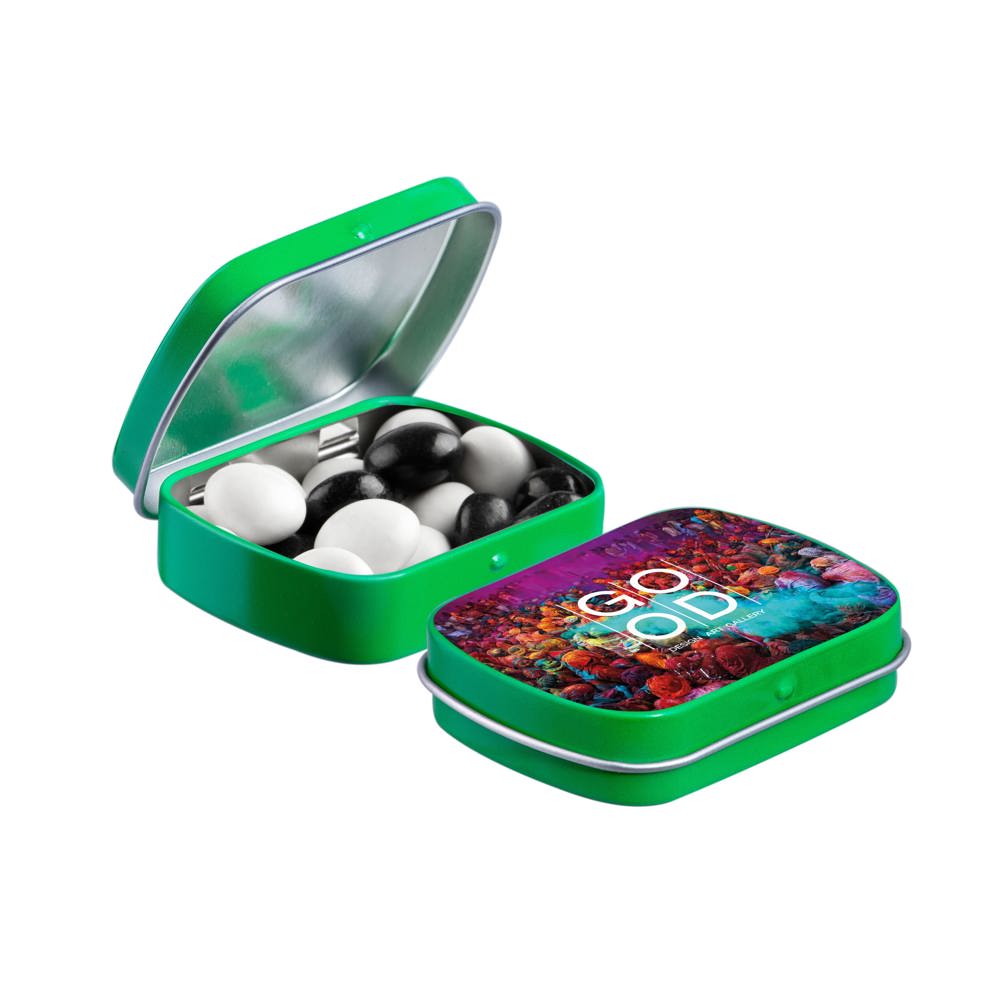 Mini scharnierblikje met snoep - kopen of bedrukken - Groen