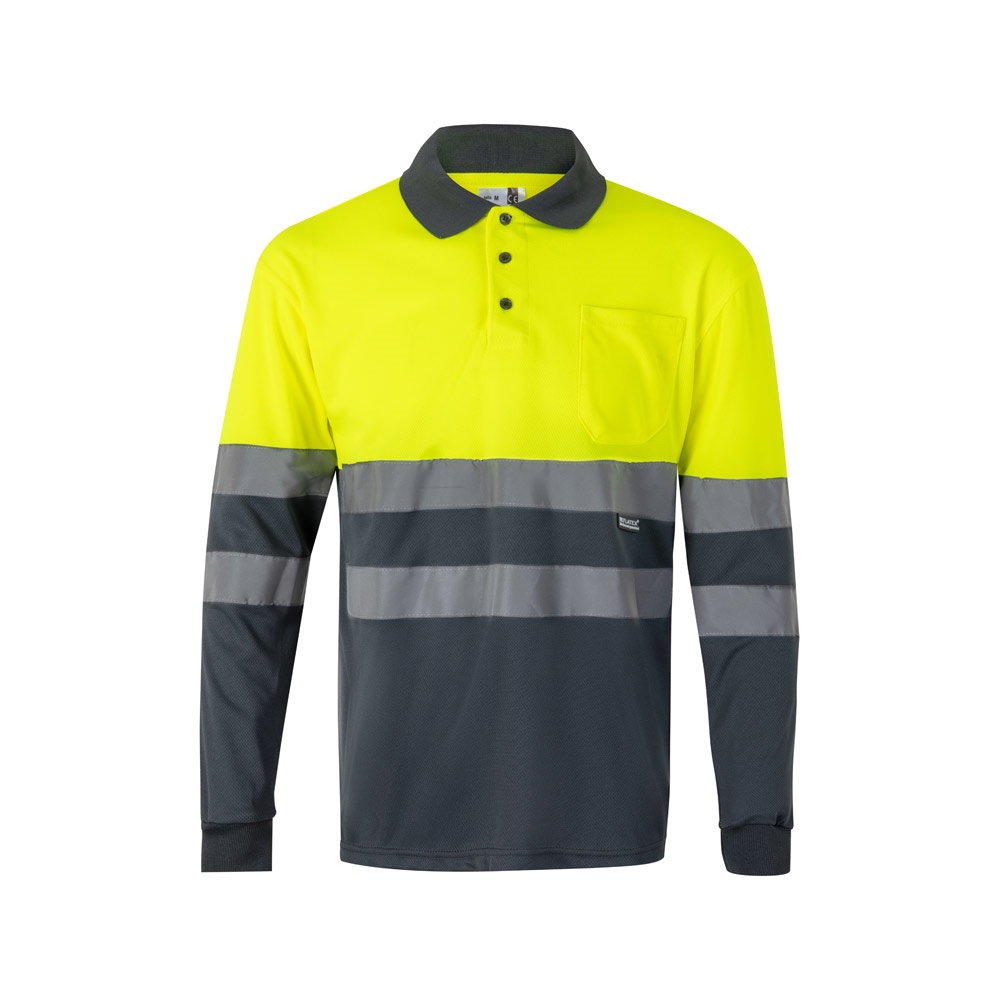 VL VULCAN. Tweekleurige vogelkleurige polo (160g/m²) met lange mouwen, van polyester (100%) - bedrukt of - Grijs, Geel