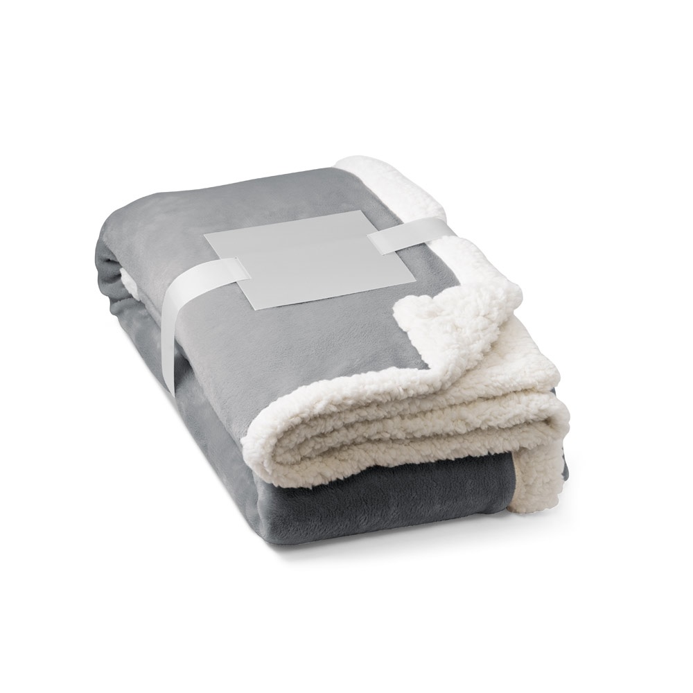 HEIDEN. Omkeerbare fleecedeken (190 g/m²) met satijnen lint en gepersonaliseerde kaart - met logo of onbedrukt - Grijs