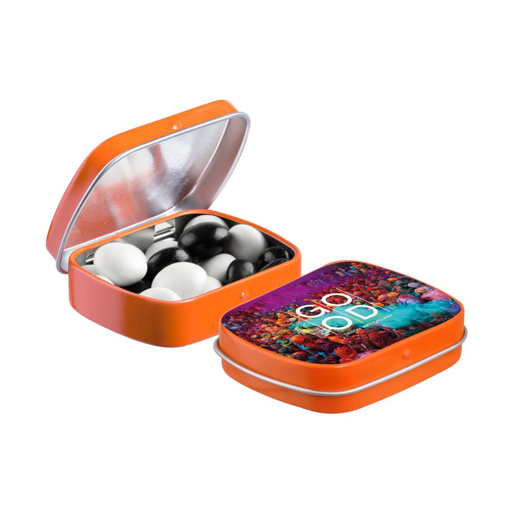 Mini scharnierblikje met snoep - kopen of bedrukken - Oranje