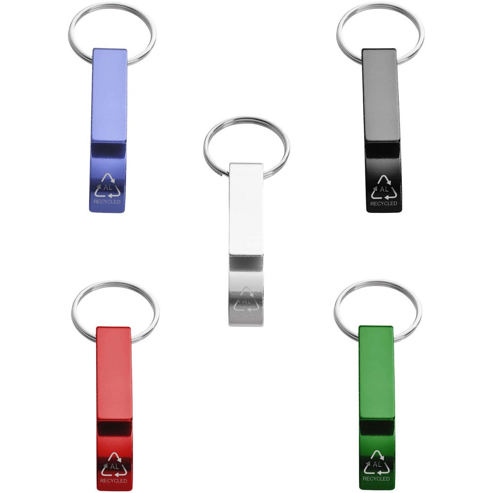 Tao fles- en blikopener van RCS gerecycled aluminium met sleutelhanger