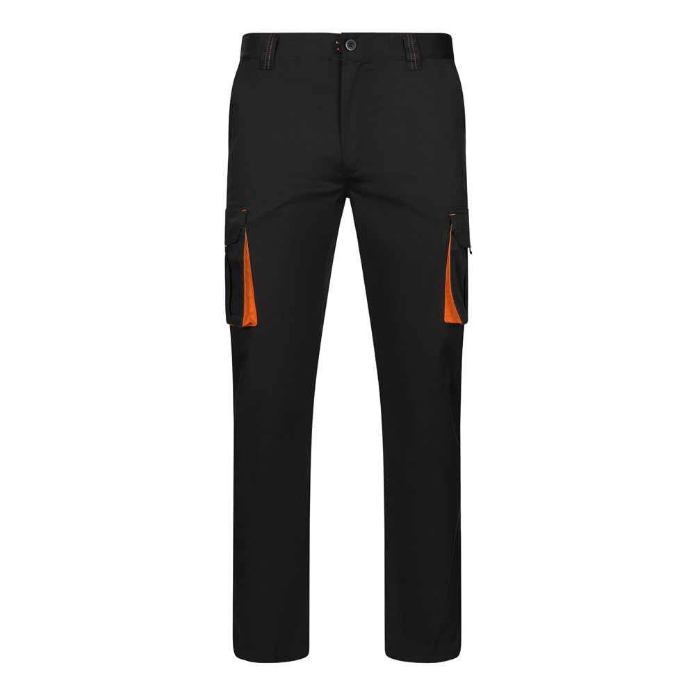 VL FIDES. Tweekleurige stretchbroek met meerdere zakken (240g/m²) van katoen (46%), EME (38%) en polyester - Zwart, Oranje