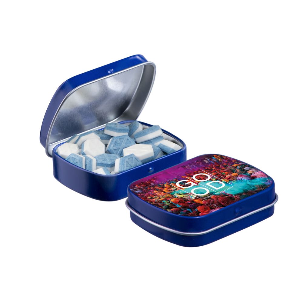 Mini scharnierblikje gevuld met pepermunt - kopen of bedrukken - blauw