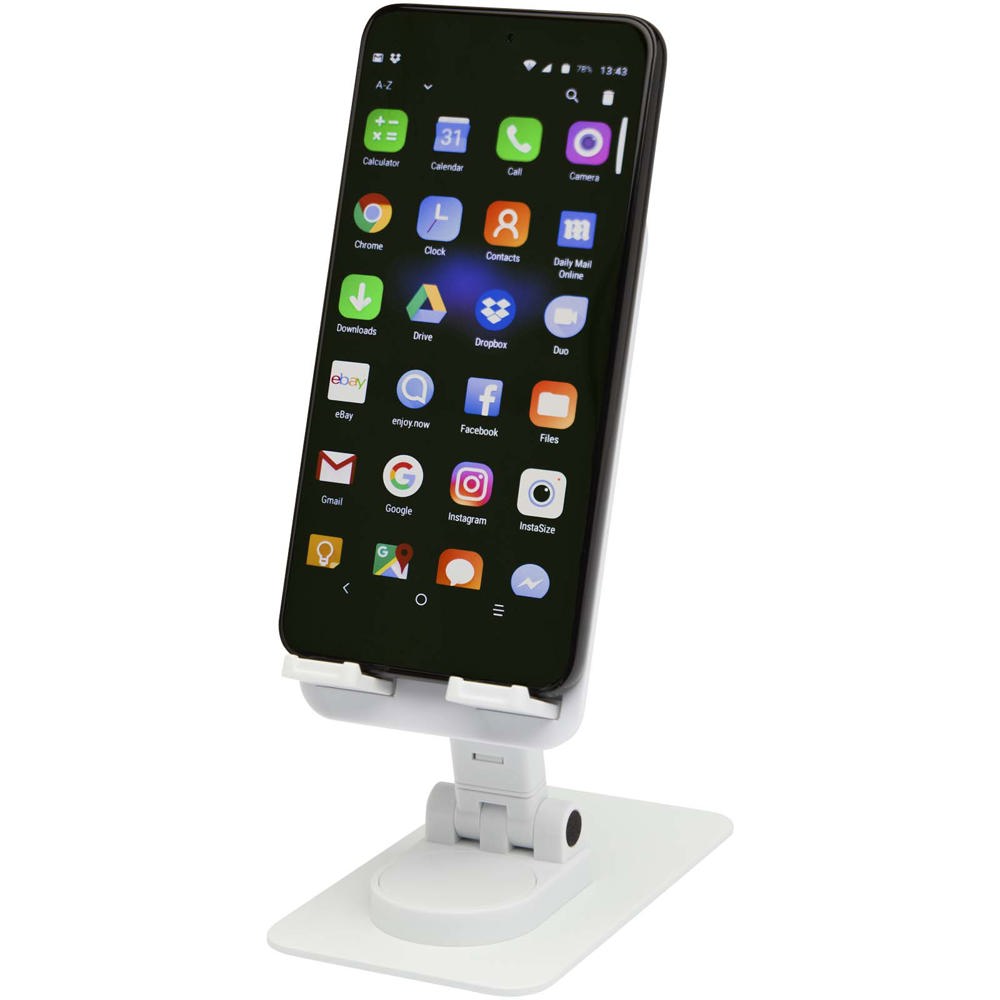 Alhena opvouwbare telefoonhouder van gerecycled plastic met metalen bureaustandaard - met logo of onbedrukt - Wit