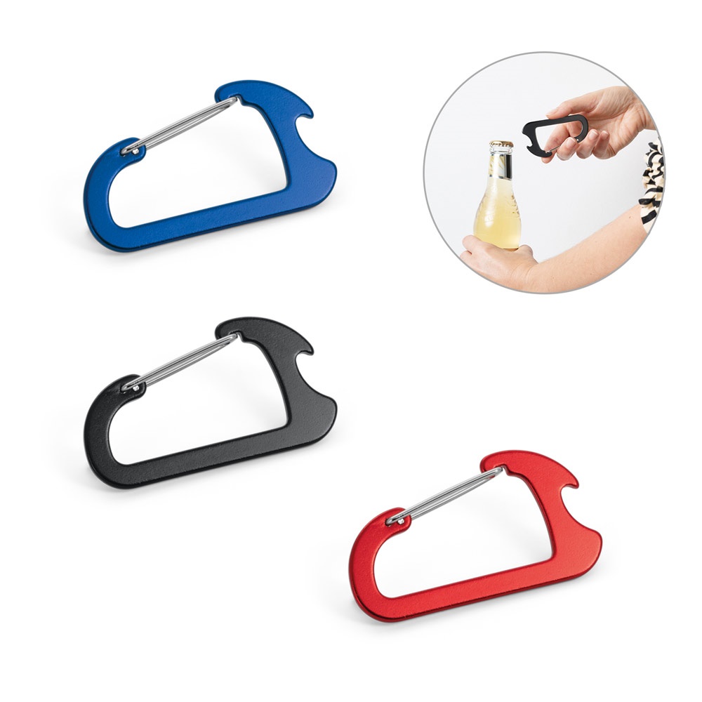 CLOSE. Karabijnhaak met aluminium capsuleopener - met logo of onbedrukt bestellen