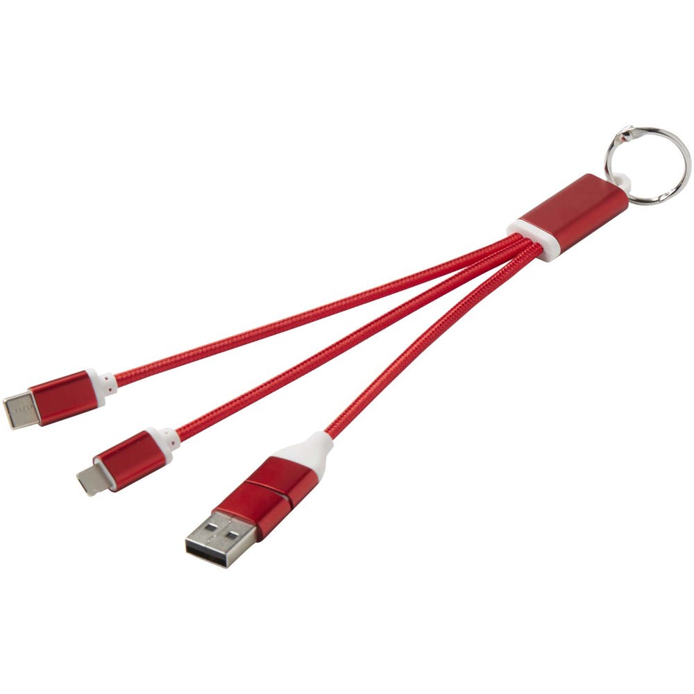 Metal 4-in-1 oplaadkabel van gerecycled aluminium met sleutelhanger - voor bedrijven en relatiegeschenken - Rood