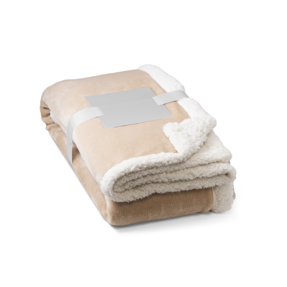 HEIDEN. Omkeerbare fleecedeken (190 g/m²) met satijnen lint en gepersonaliseerde kaart - met logo of onbedrukt - Beige