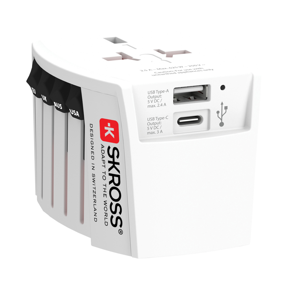 SKROSS MUV 2-polige wereldreisadapter met USB A en C - voor bedrijven en relatiegeschenken