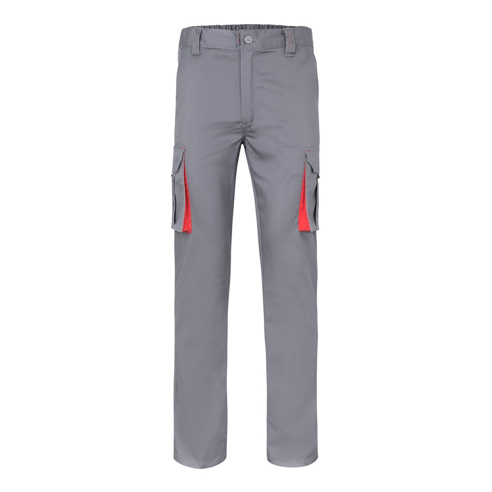 VL FIDES. Tweekleurige stretchbroek met meerdere zakken (240g/m²) van katoen (46%), EME (38%) en polyester - grijs, rood