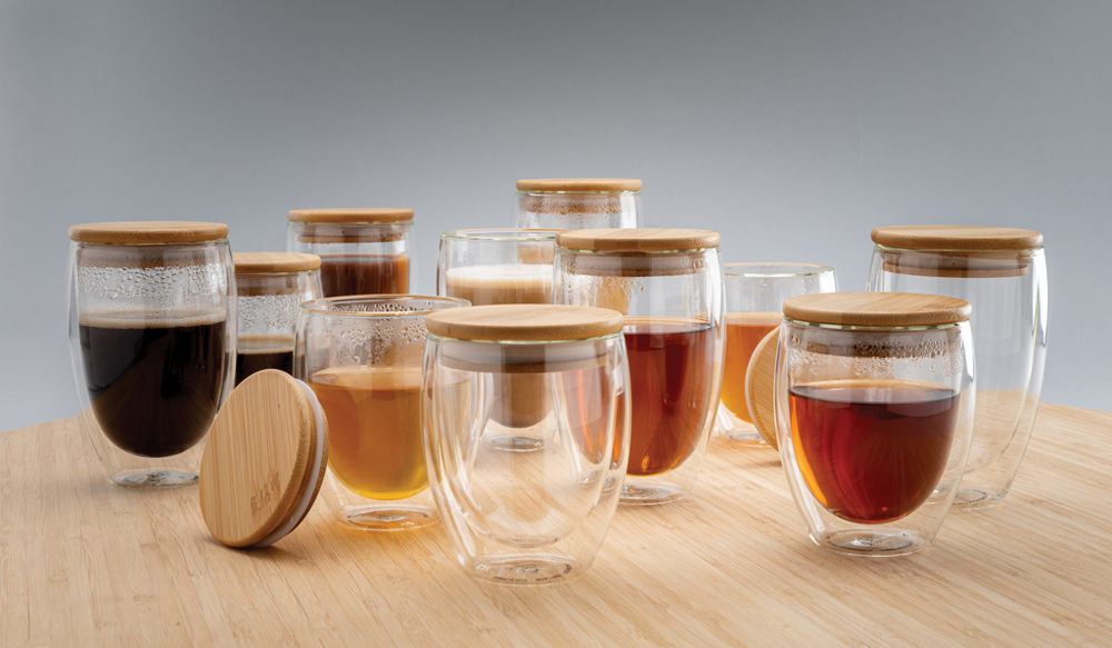 Dubbelwandig borosilicaatglas met bamboe deksel 350ml set