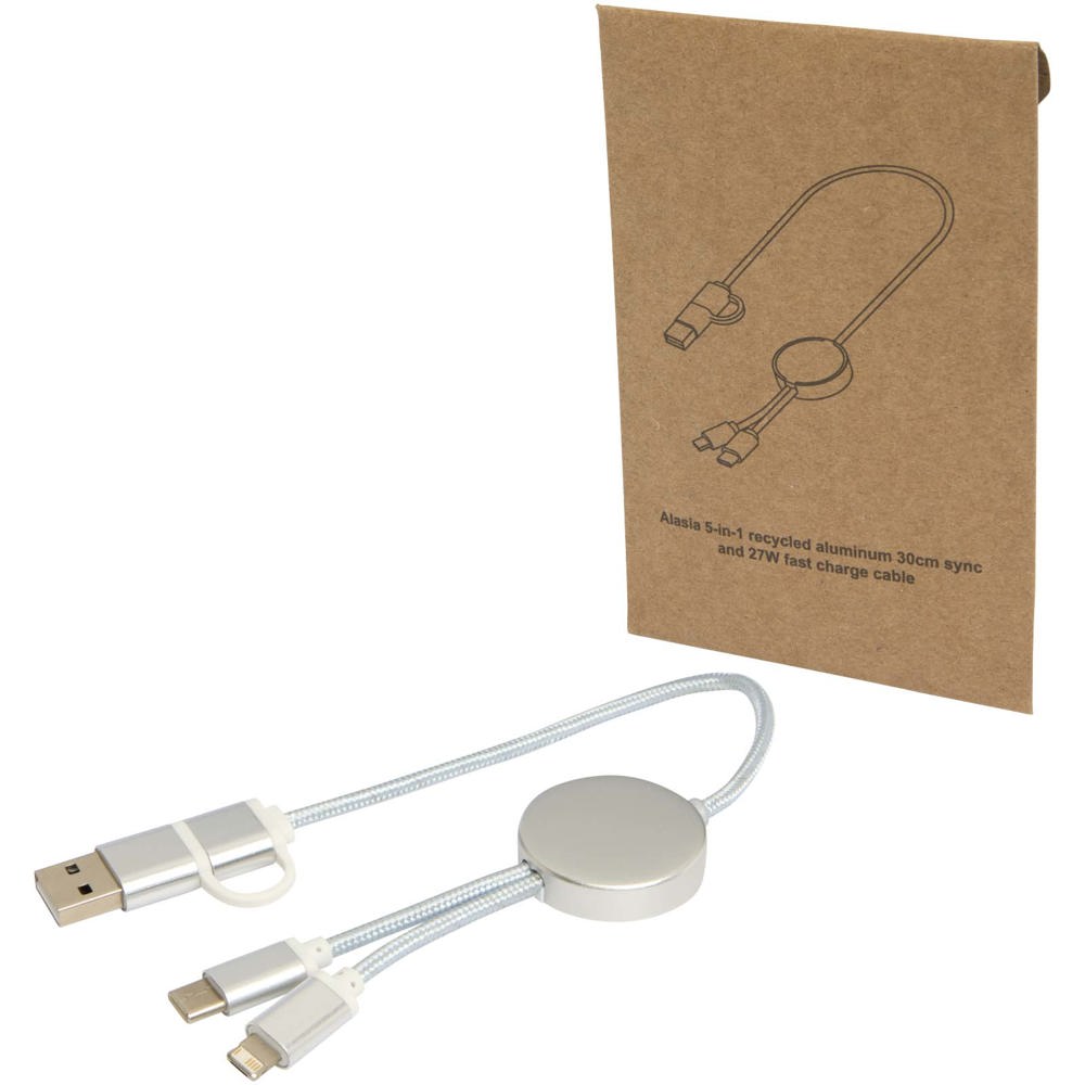 Alasia 5-in-1 30 cm datasynchronisatie- en 27 W snellaadkabel van gerecycled aluminium en plastic - voor - Zilver