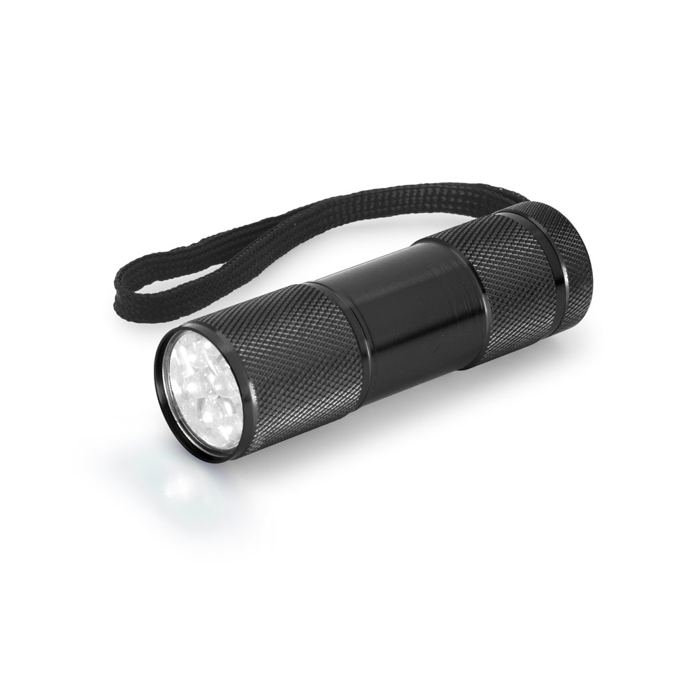 FLASHY. Aluminium zaklamp met 9 LED's en handvat - met logo of onbedrukt bestellen - Zwart
