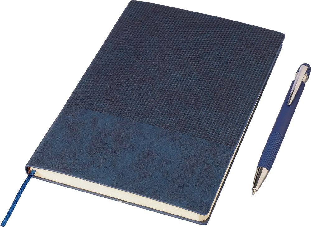 Gerecycled PU-notitieboek (A5) en balpenset Tarek - bedrukt of onbedrukt verkrijgbaar